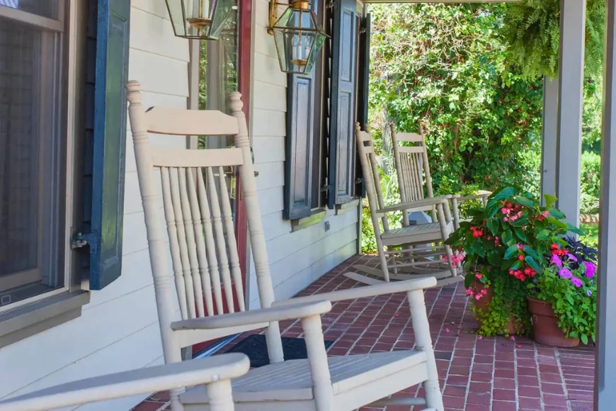 Rocking chairs on the porch at Bird-in-Hand Village Inn and Suites, Lancaster PA