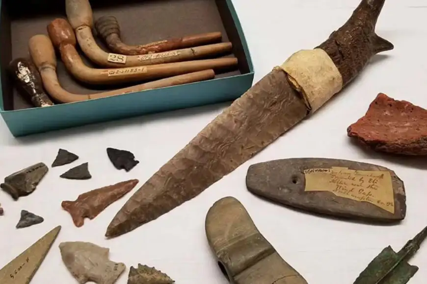 Native American arrowheads and stone tools in the archaeology collection at North Museum in Lancaster PA