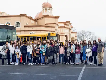 Group tour visiting Sight and Sound Theatres by school bus in Strasburg Lancaster PA