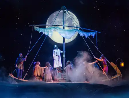 Jesus live on stage boat scene under a full moon at Sight and Sound Theatres in Lancaster PA