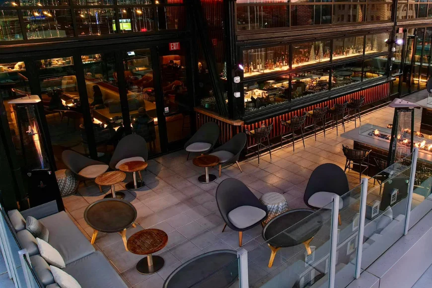 Rooftop lounge seating and fire pit at The Exchange, Lancaster PA