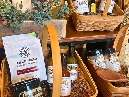Lancaster County Coffee Roasters bag, hot sauces, and gift baskets at Locally Made Food Shop