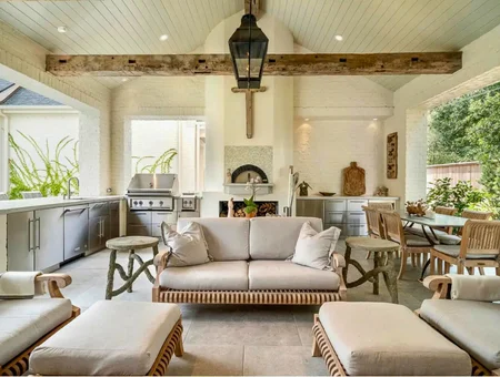Sauders Hardscape Supply outdoor living room with kitchen and exposed beam ceiling in Lancaster PA