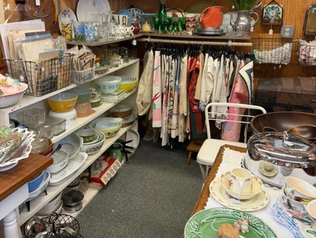 Vintage clothing dishes and collectibles at Cackleberry Farm Antique Mall Lancaster PA