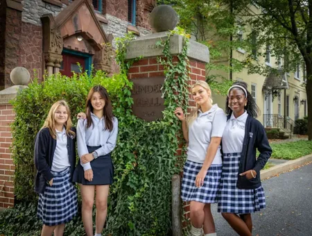 Students in uniform outside Linden Hall private boarding school for girls in Lancaster PA