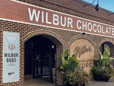 Wilbur Chocolate factory store entrance celebrating 125 years in Lancaster, Pennsylvania