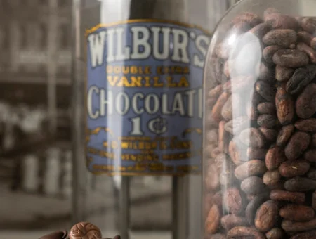 Vintage Wilbur's Chocolate sign and cocoa beans display in Lancaster, Pennsylvania