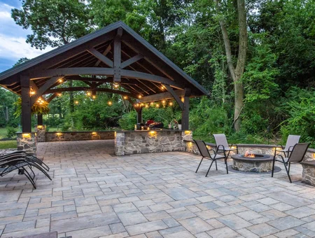 Smuckers Hardscape and Outdoor Living custom paver patio with pavilion and fire pit in Lancaster PA