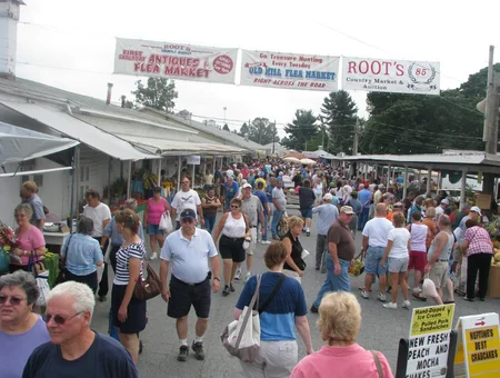 Roots Country Market and Auction busy outdoor flea market crowd with vendor stalls in Lancaster PA