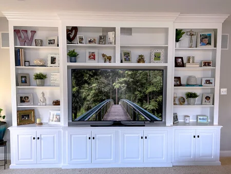TL King Cabinetmakers custom white built-in entertainment center with shelving in Lancaster PA