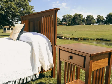 Mission style solid wood bed and nightstand with drawer at Georges Furniture Lancaster PA