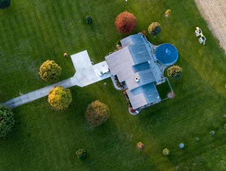Pine Tree Exteriors aerial drone view of residential roofing and lawn care property in Lancaster PA