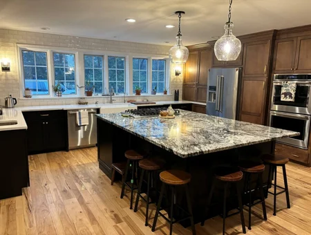 Kitchen remodel with granite island dark cabinets and hardwood floors by Good's Store Lancaster PA