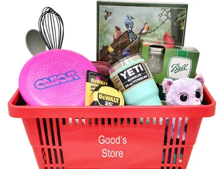 Good's Store shopping basket filled with Yeti tumbler DeWalt tools toys and kitchen items Lancaster County PA
