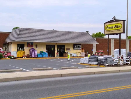 Good's Store southern location exterior with garden supplies and Yeti display Lancaster County PA