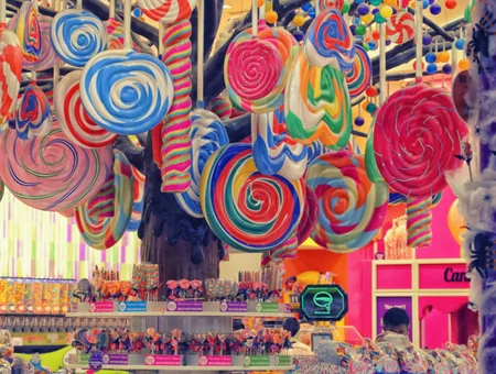 Colorful giant lollipops and candy display at Candyology Lititz PA