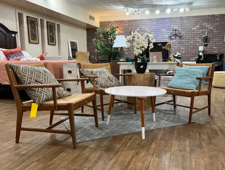 Secondhand wood accent chairs and coffee table at Fashion Cents Consignment Store Lancaster PA
