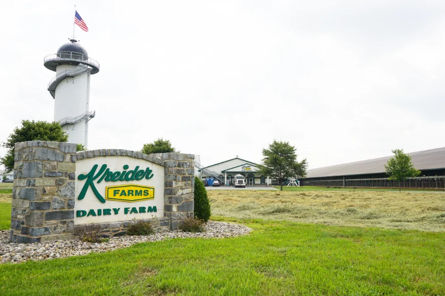 Kreider Farms Dairy Farm entrance sign with observation tower in Lancaster PA