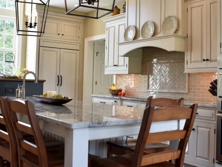 RM Custom Cabinetry kitchen cabinets with granite island and herringbone tile backsplash in Lancaster PA