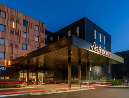 Hotel Rock Lititz exterior entrance at dusk in Lancaster PA