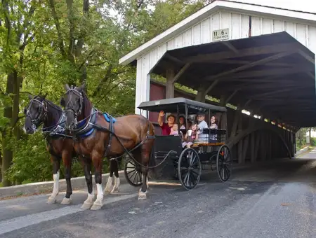 Horse-drawn buggy passing through a covered bridge on an Amish country ride in Lancaster PA