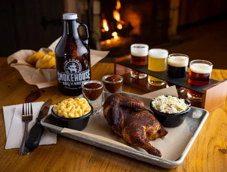 Smoked chicken mac and cheese and coleslaw with craft beer flight at Smokehouse BBQ and Brews Plain and Fancy Farm Lancaster PA