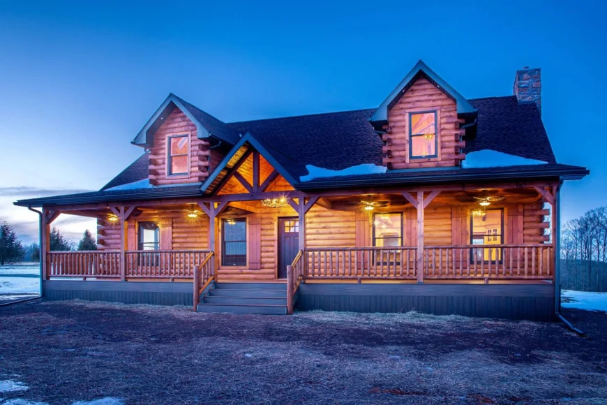 Log home exterior at dusk with wraparound covered porch built by Gingrich Builders in Lancaster County PA
