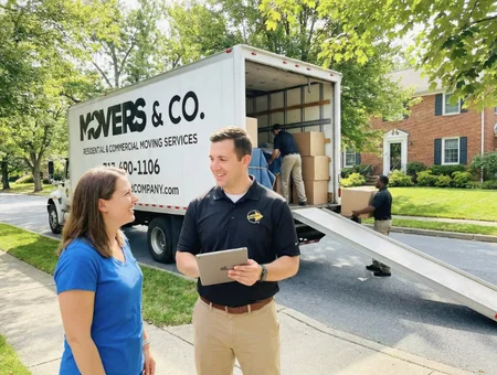 Movers & Co. moving consultant reviewing move with customer outside loaded moving truck in Lancaster PA