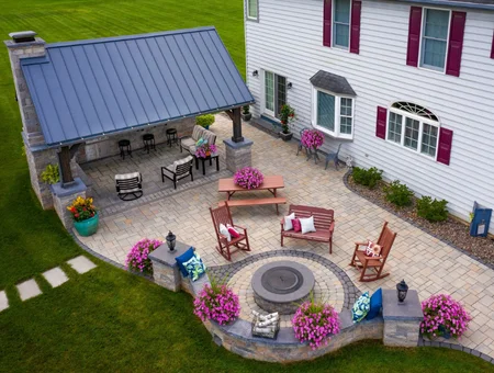 Willow Gates Home and Landscape aerial view of paver patio with pavilion and fire pit in Lancaster PA