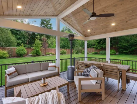 Prestige Wood Products covered deck with wood ceiling fan and outdoor seating in Lancaster PA