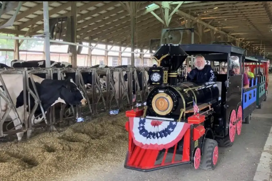 Barnyard Express train ride inside the dairy barn at Oregon Dairy Farmstead in Lancaster PA