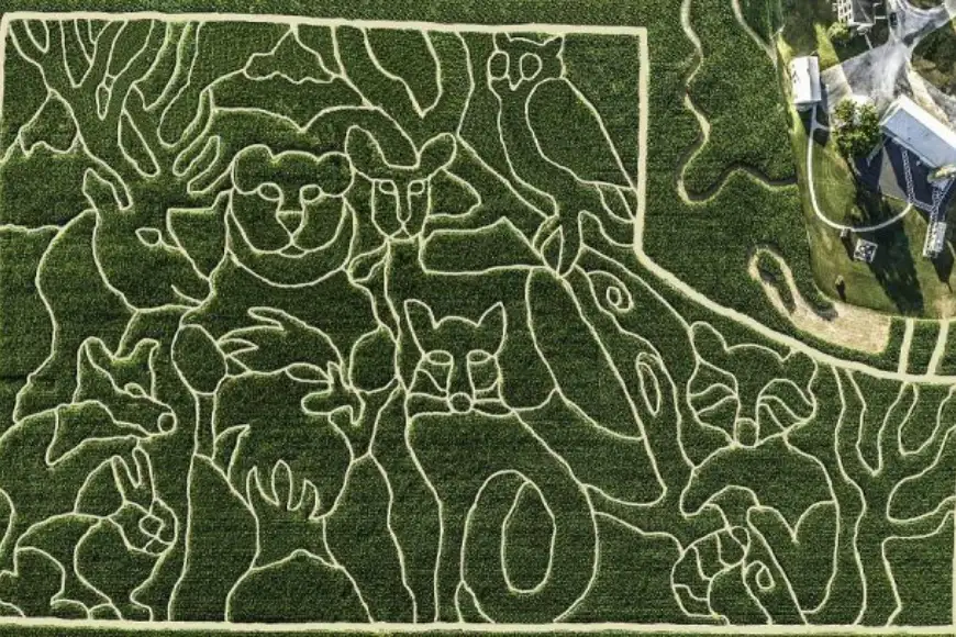 Aerial view of animal-themed corn maze design at Oregon Dairy Farmstead fall attraction in Lancaster PA