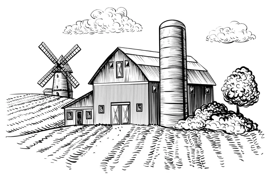 Pencil drawing illustration of a Lancaster PA farm with barn, silo, windmill, and crop fields at Oregon Dairy Farmstead