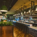 Upscale bar and lounge with pendant lighting and full liquor selection at Hotel Rock Lititz in Lancaster County PA