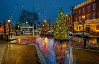 Christmas tree lighting in downtown Lancaster PA town square at night