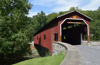 Historic red covered bridge in Lancaster County PA