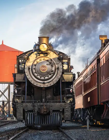 Steam locomotive No. 90 with passenger cars at Strasburg Rail Road in Lancaster County PA