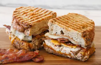 Hershey Farm Restaurant grilled panini sandwich with bacon and melted cheese - dining near Dutch Wonderland Lancaster PA