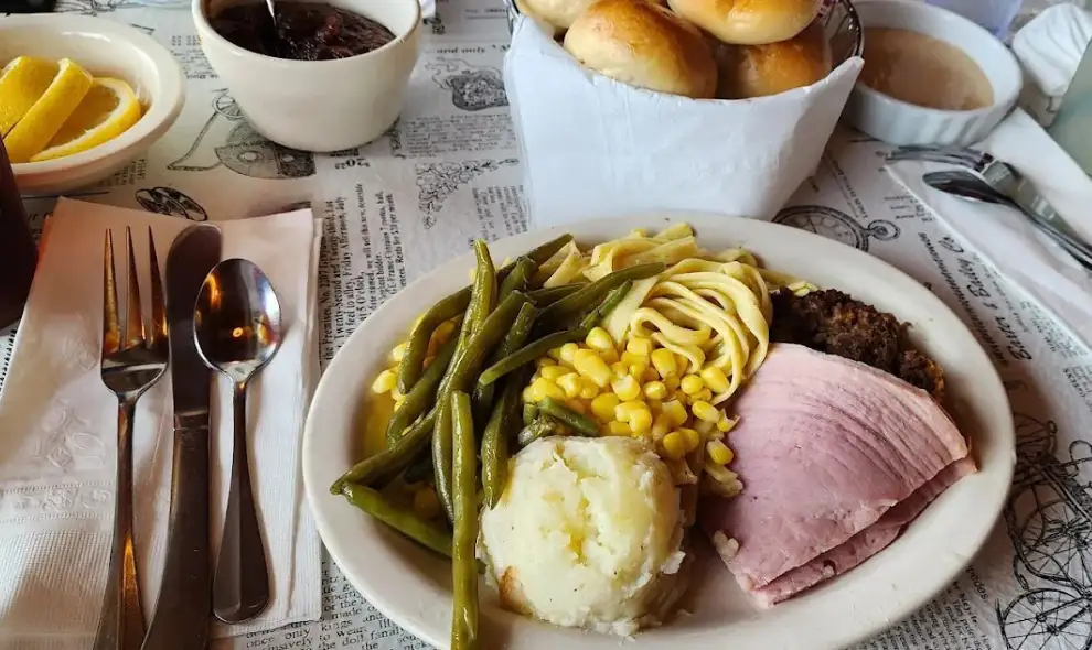 Casey Jones Restaurant ham dinner plate with corn green beans and mashed potatoes - Lancaster PA
