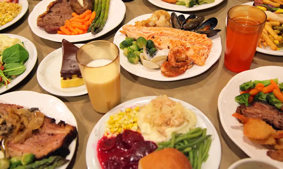Shady Maple Smorgasbord buffet spread with seafood meats and sides - Lancaster County PA