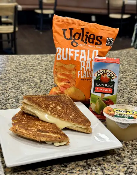 Main Street Cafe kids grilled cheese meal with Uglies chips and juice - Lancaster PA family restaurant