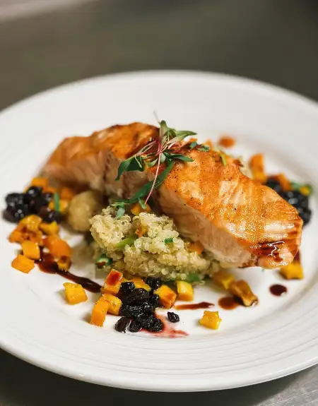 Greenfield Restaurant pan seared salmon with quinoa and berry reduction - Lancaster PA fine dining