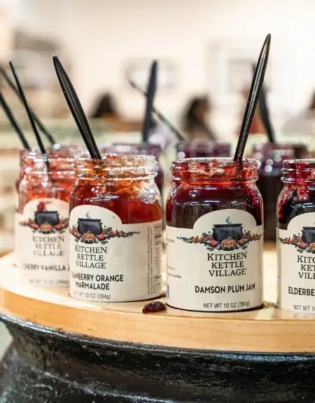 Kitchen Kettle Village jams and jellies including damson plum and cranberry orange marmalade in Intercourse Lancaster County PA