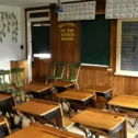 Historic one-room Amish schoolhouse interior at Fisher School in Lancaster County PA