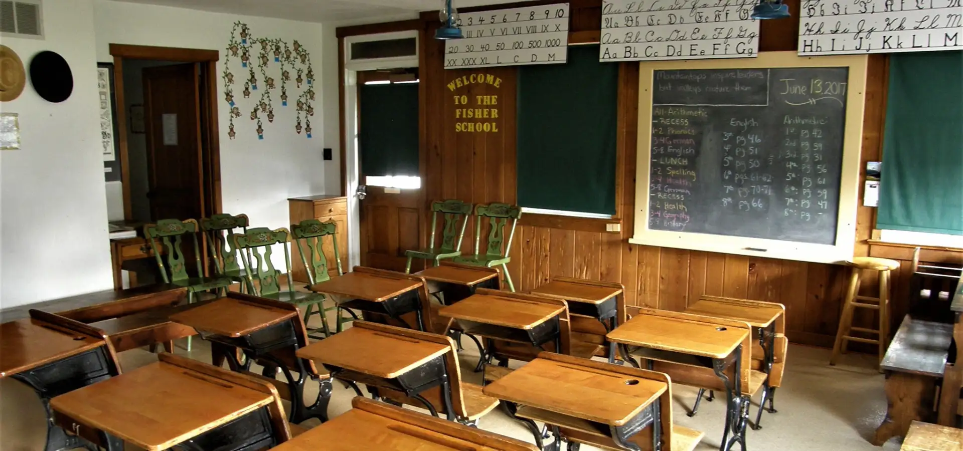 Historic one-room Amish schoolhouse interior at Fisher School in Lancaster County PA