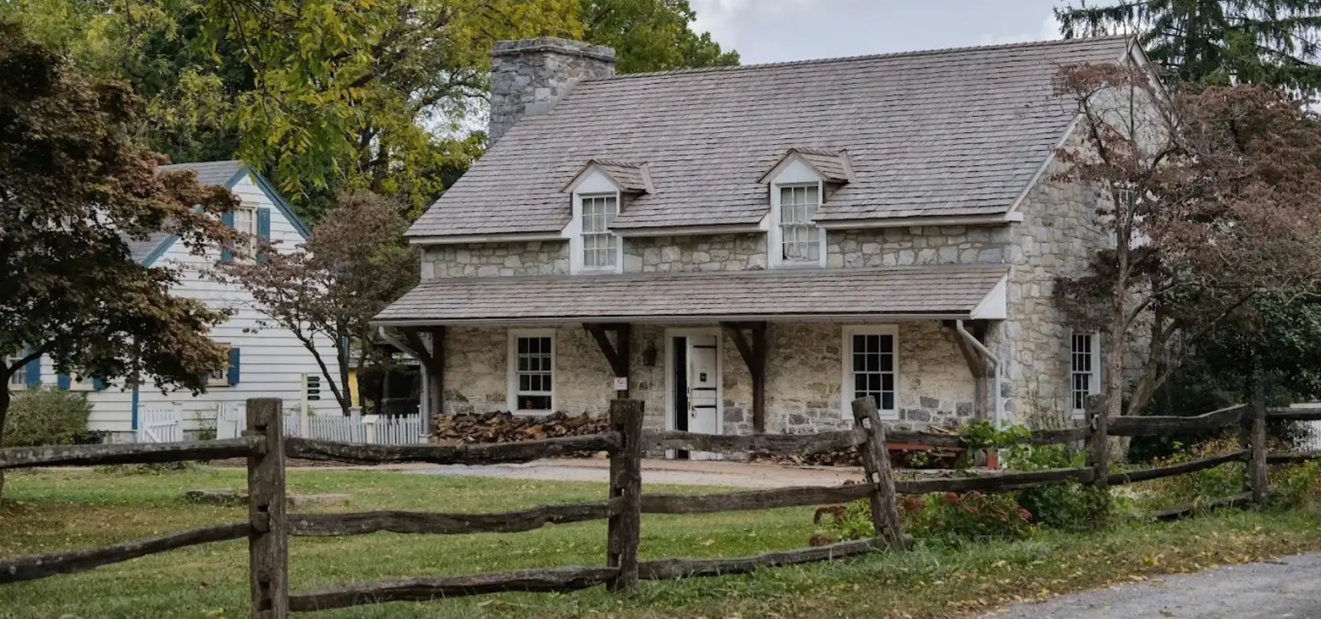 Historic stone farmhouse at Landis Valley Village and Farm Museum in Lancaster PA