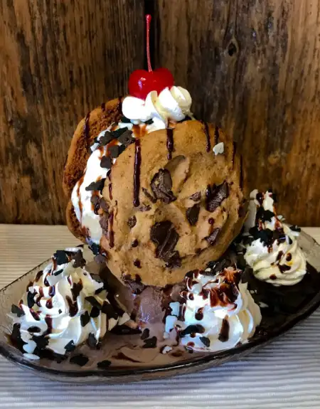 Oregon Dairy giant ice cream sundae in cookie bowl with hot fudge and cherry - Lancaster PA
