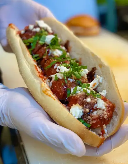 Artisan meatball sandwich with feta and scallions from Lancaster Central Market PA