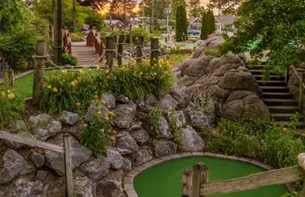 Mini golf course with rock waterfall feature at a Lancaster PA amusement park