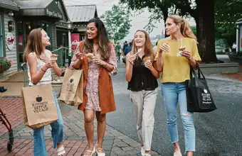 Women shopping and dining on a Lancaster PA street on a Saturday